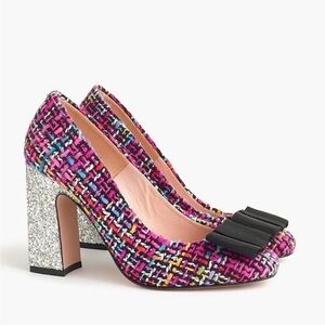 🪲 RARE J. Crew Multicolor Vibrant Neon Tweed Pumps with Glitter Block Heel 11​
